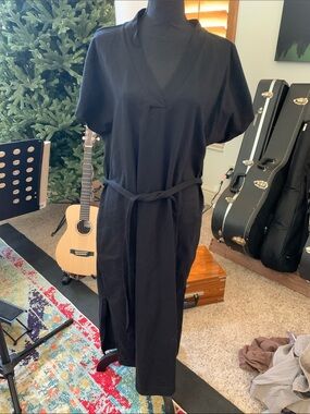 Tommy Bahama Black V-Neck Midi Dress with Self Tie and Pockets XL